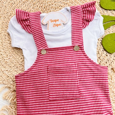 Conj. Body em Linho e Salopete Xadrez - Vermelho